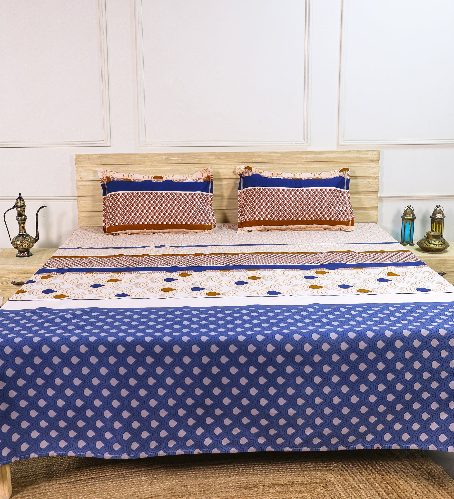 Premium Cotton Beige Blue Double Bedsheet