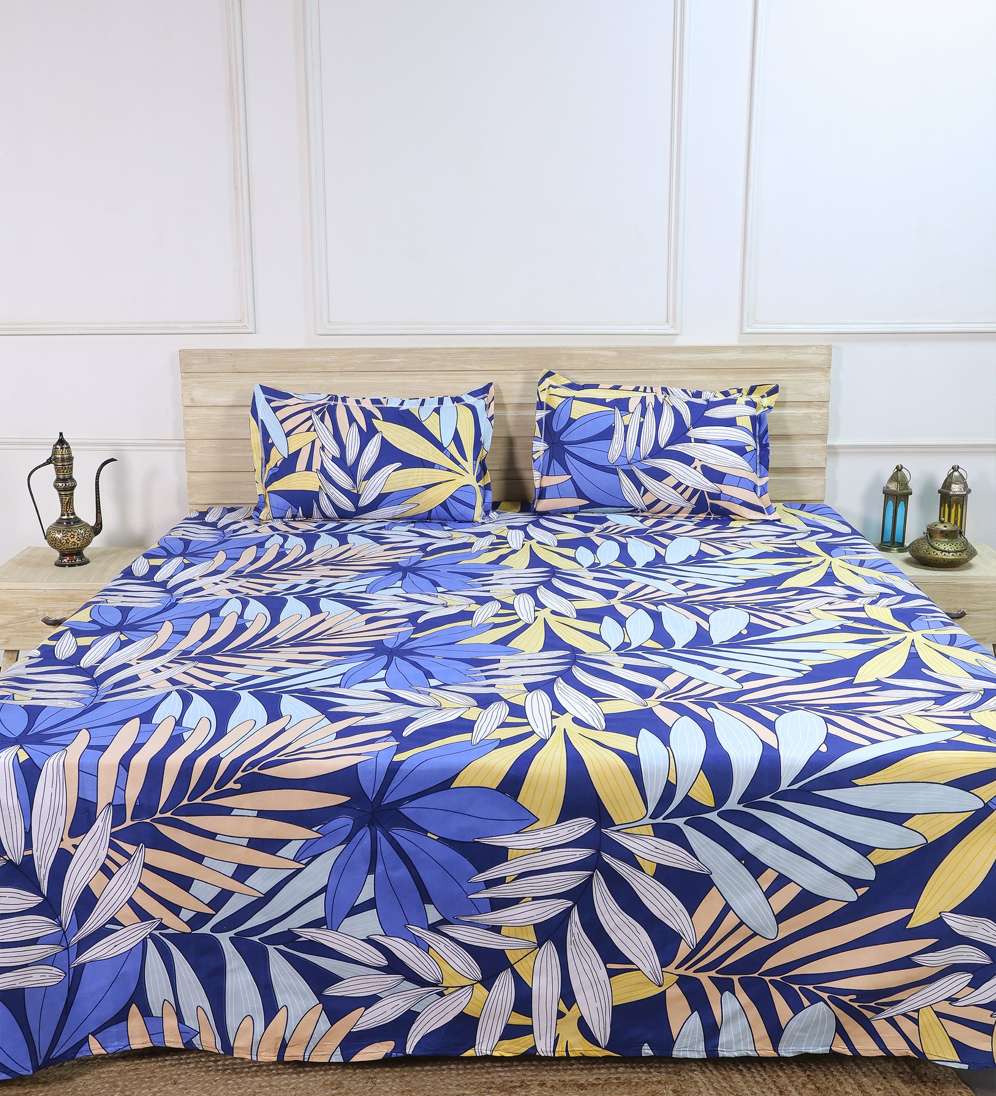 Premium Cotton Blue Leaf Double Bedsheet