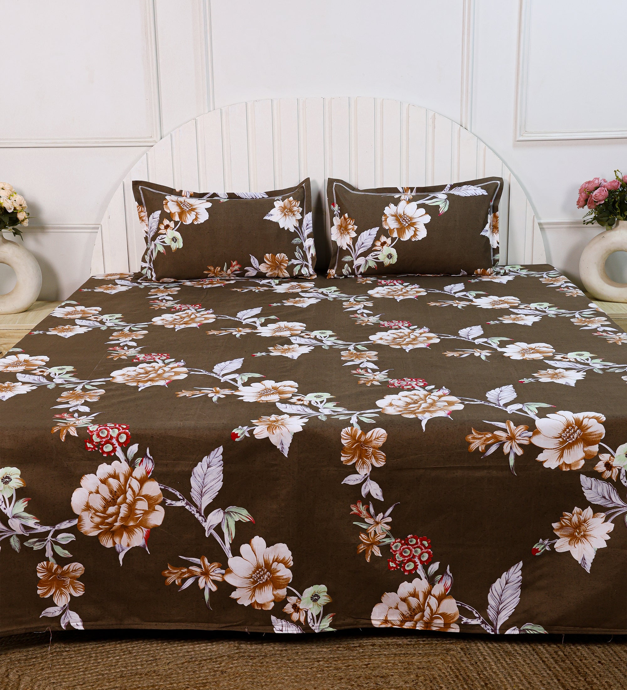 Premium Cotton Brown Floral Double Bedsheet