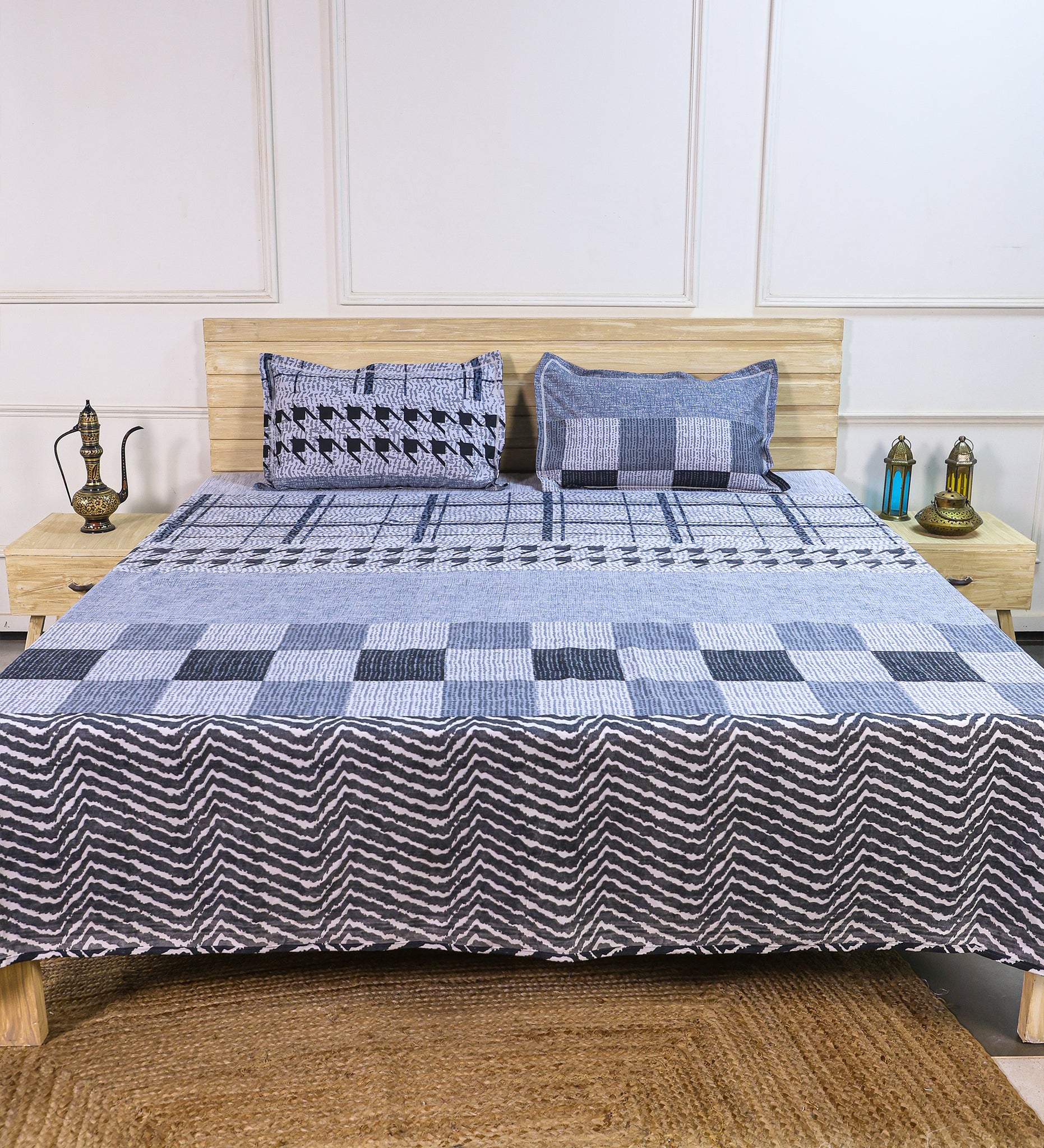 Premium Cotton Grey Grid Double Bedsheet