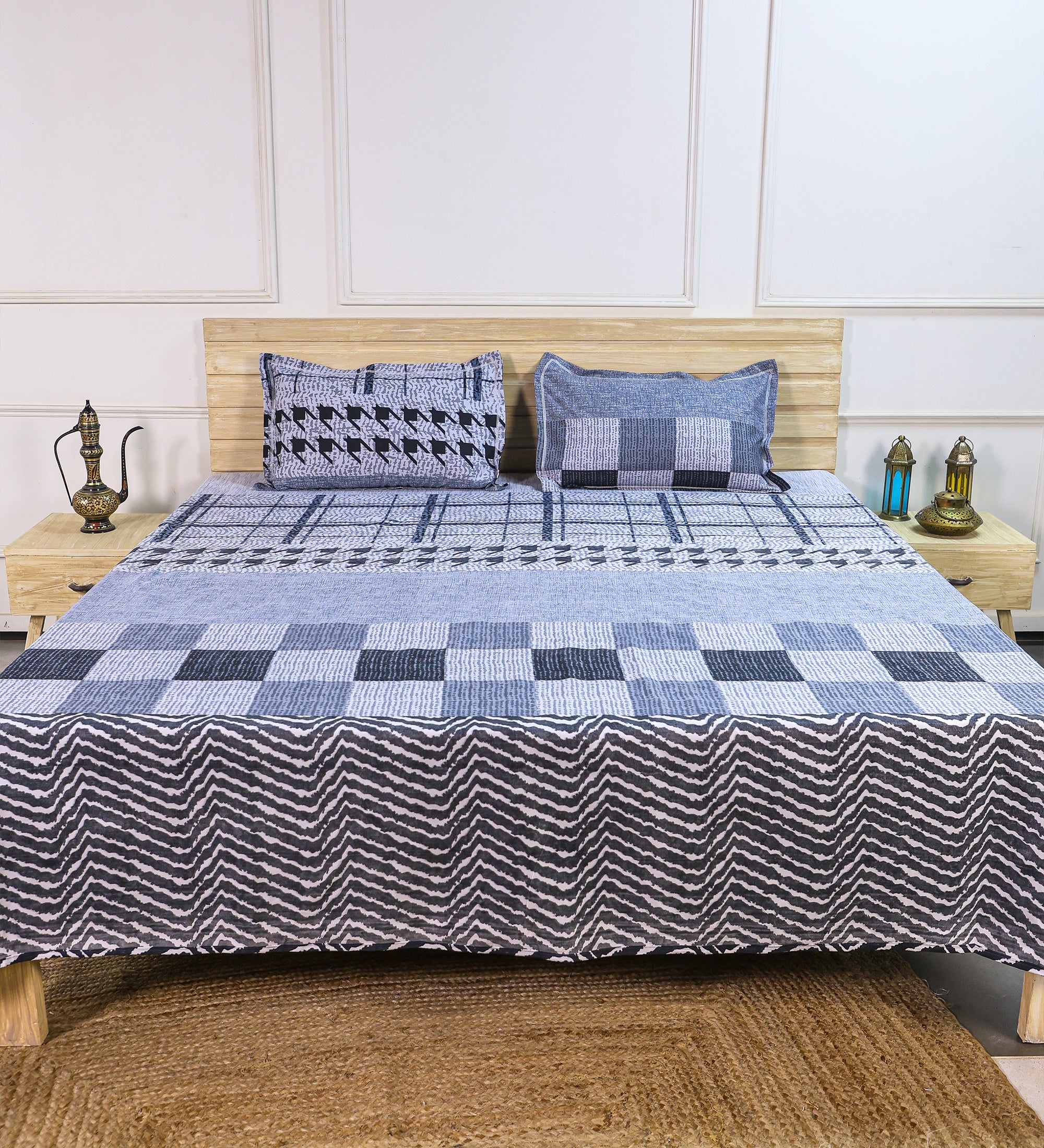 Premium Cotton Grey Grid Double Bedsheet