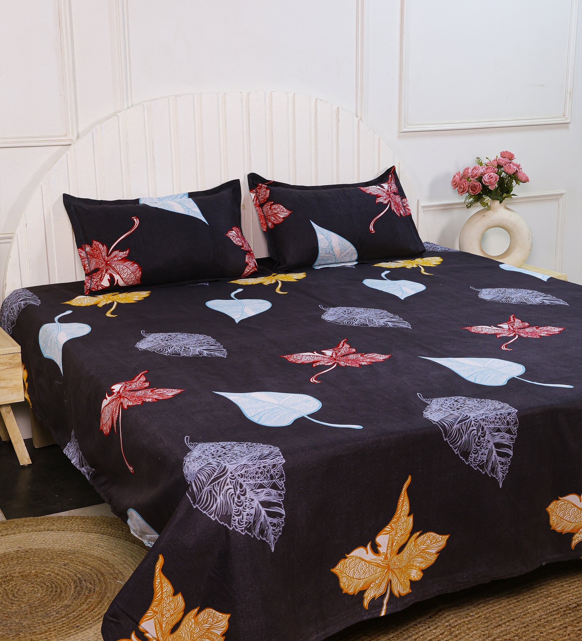 Premium Cotton Black Leaf Double Bedsheet