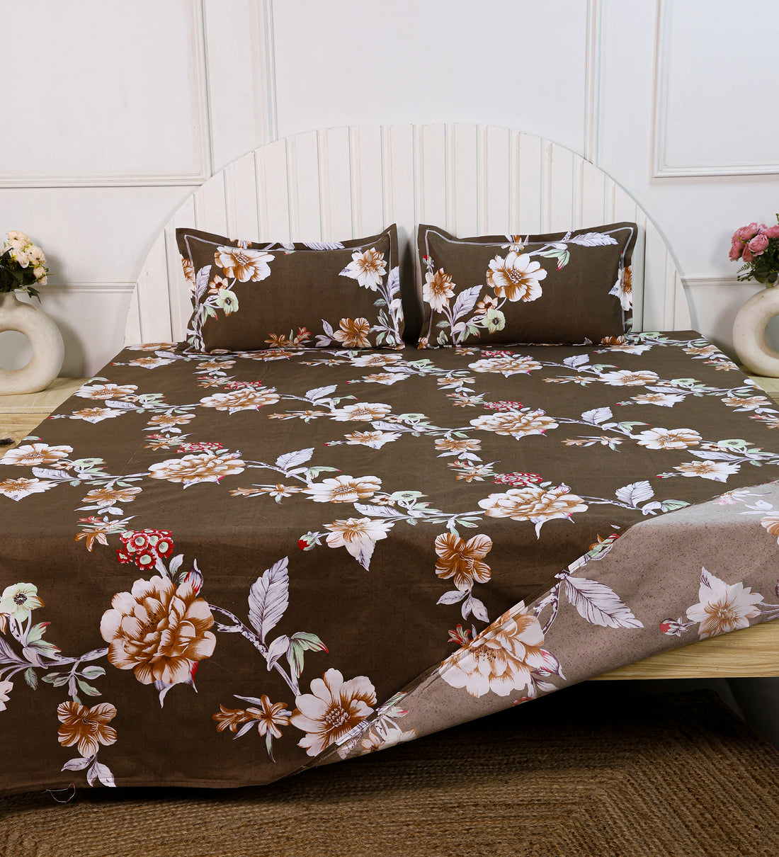 Premium Cotton Brown Floral Double Bedsheet