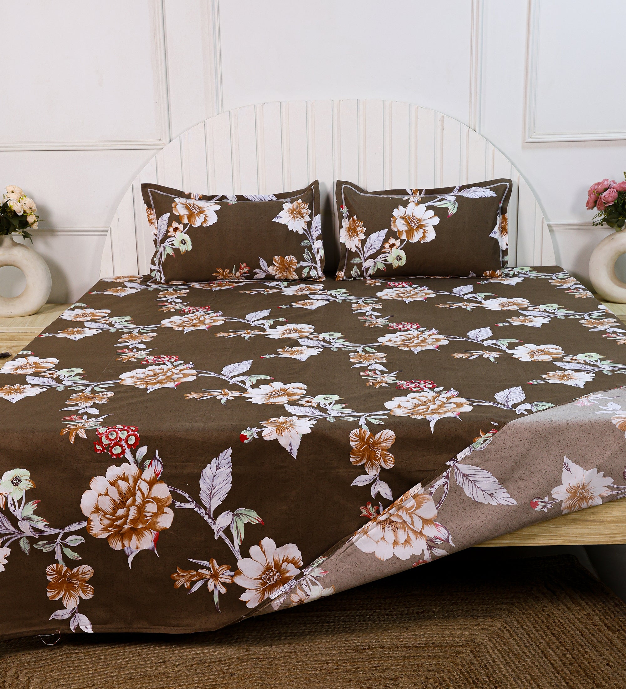 Premium Cotton Brown Floral Double Bedsheet