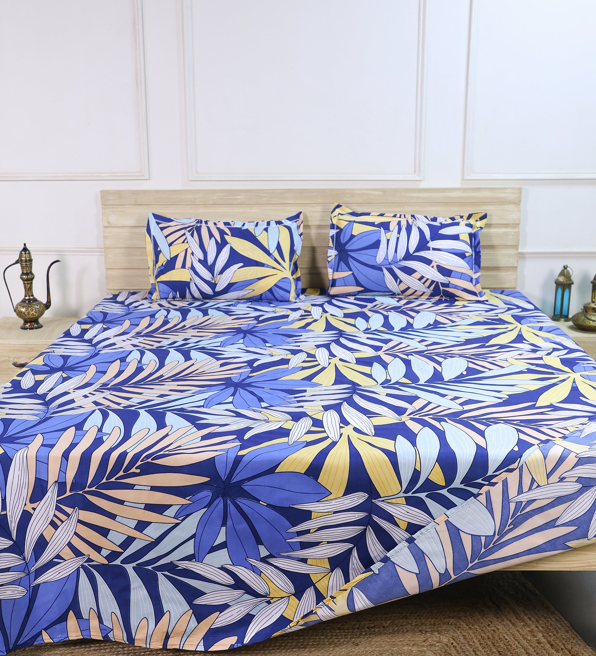 Premium Cotton Blue Leaf Double Bedsheet