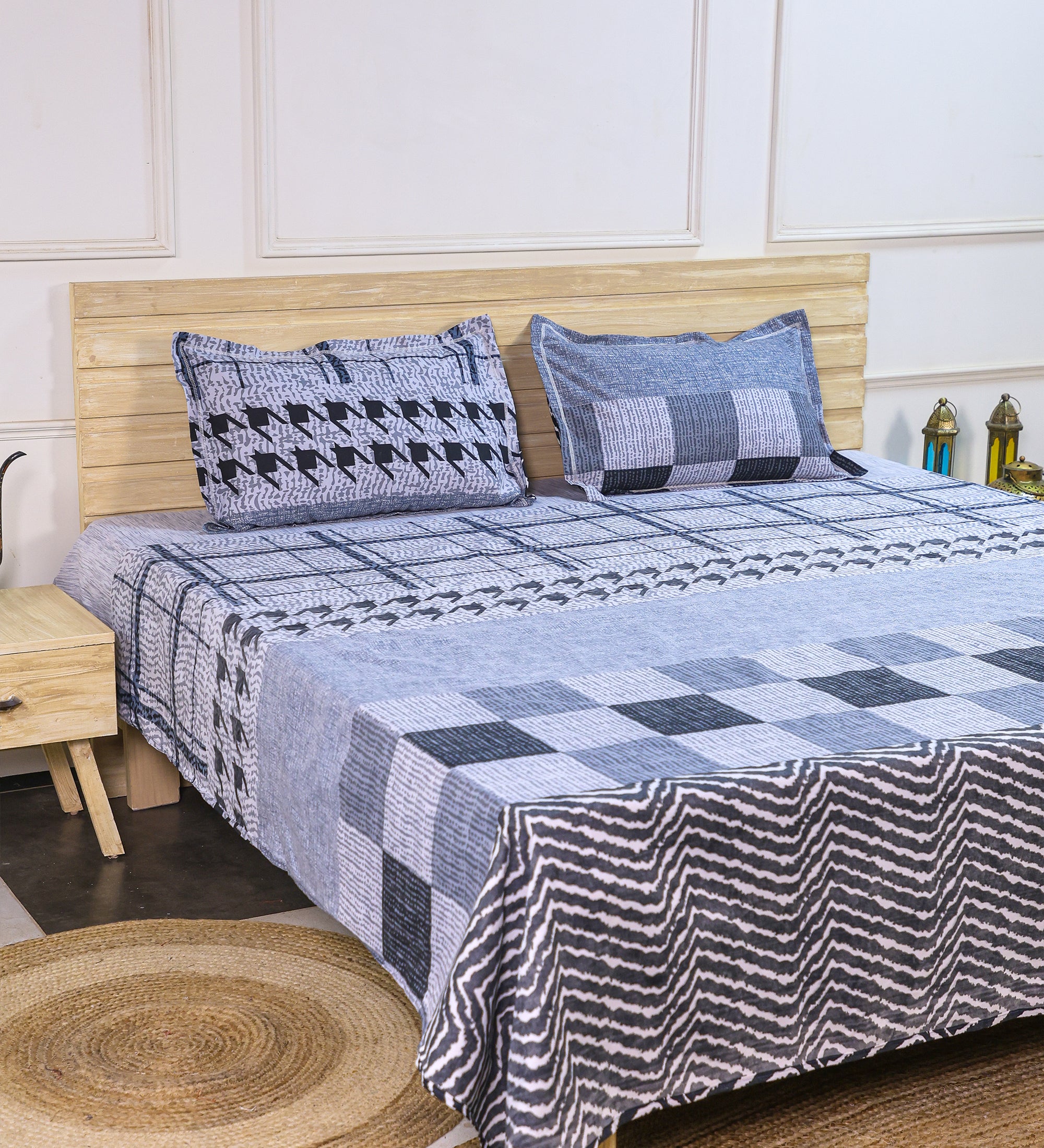 Premium Cotton Grey Grid Double Bedsheet