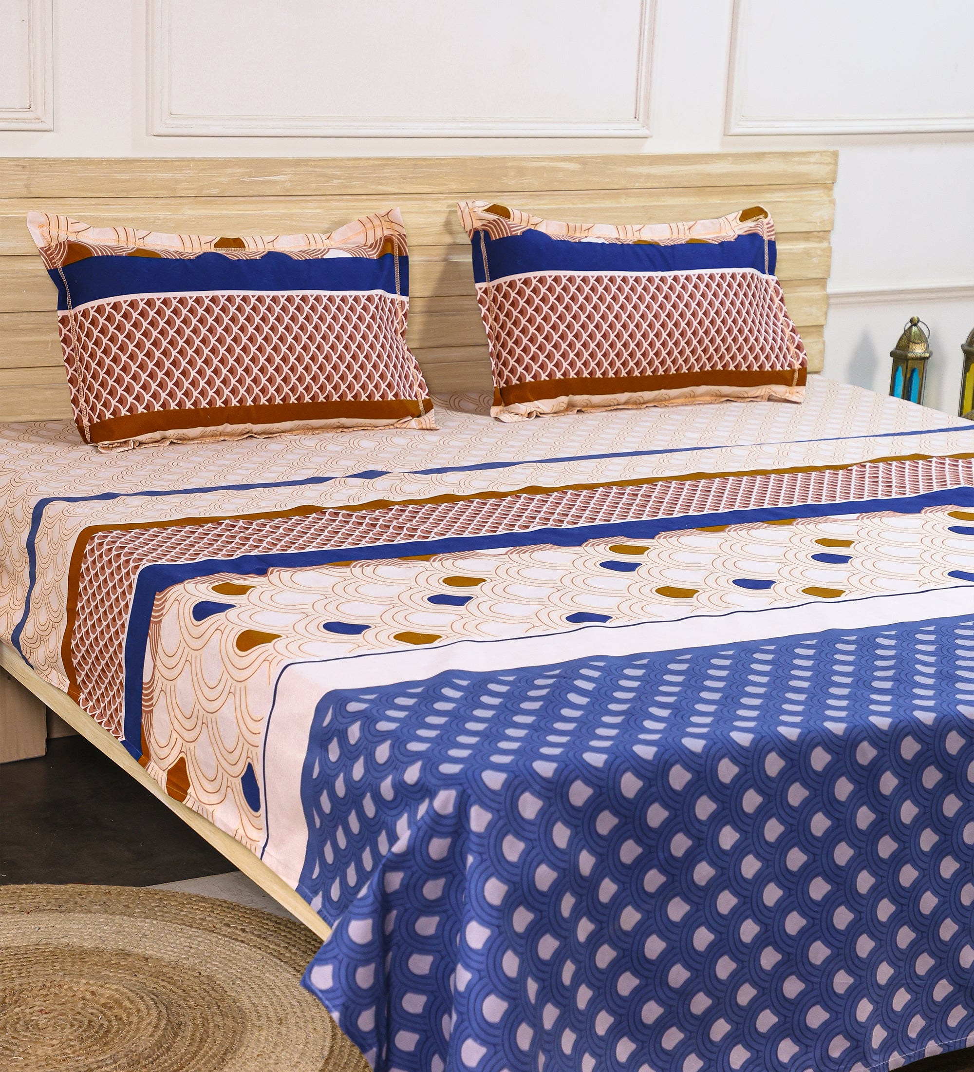Premium Cotton Beige Blue Double Bedsheet