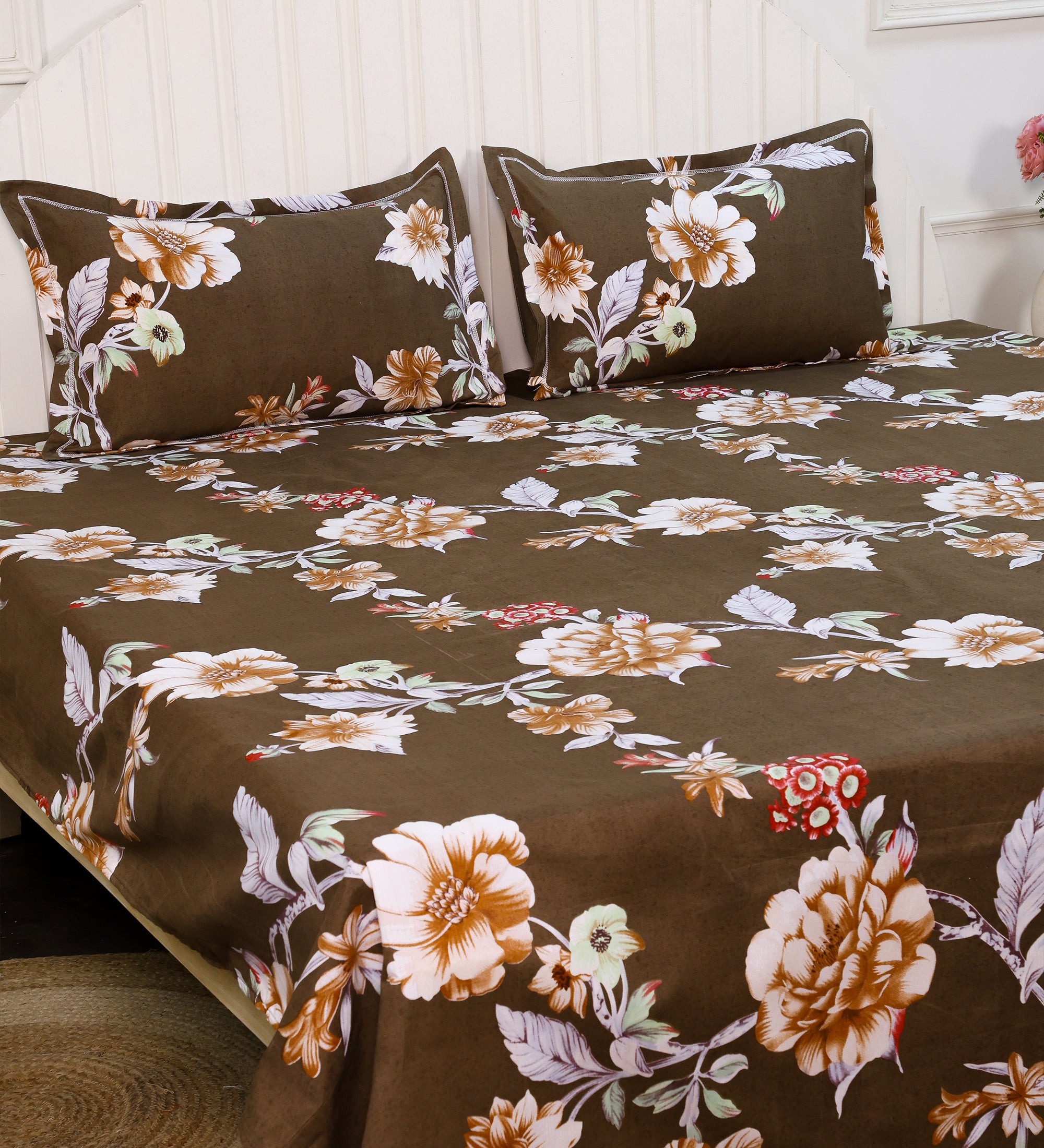 Premium Cotton Brown Floral Double Bedsheet