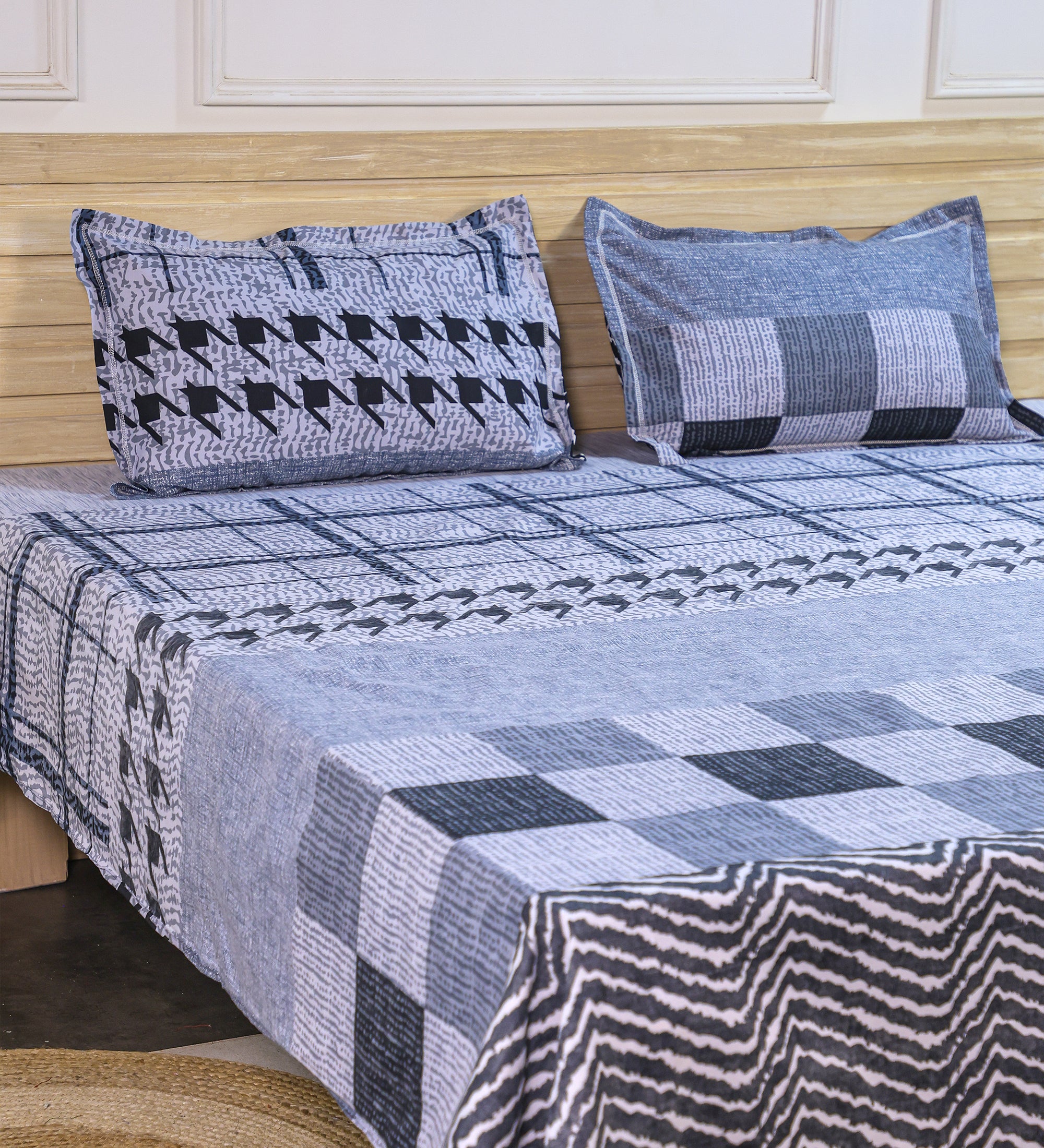 Premium Cotton Grey Grid Double Bedsheet