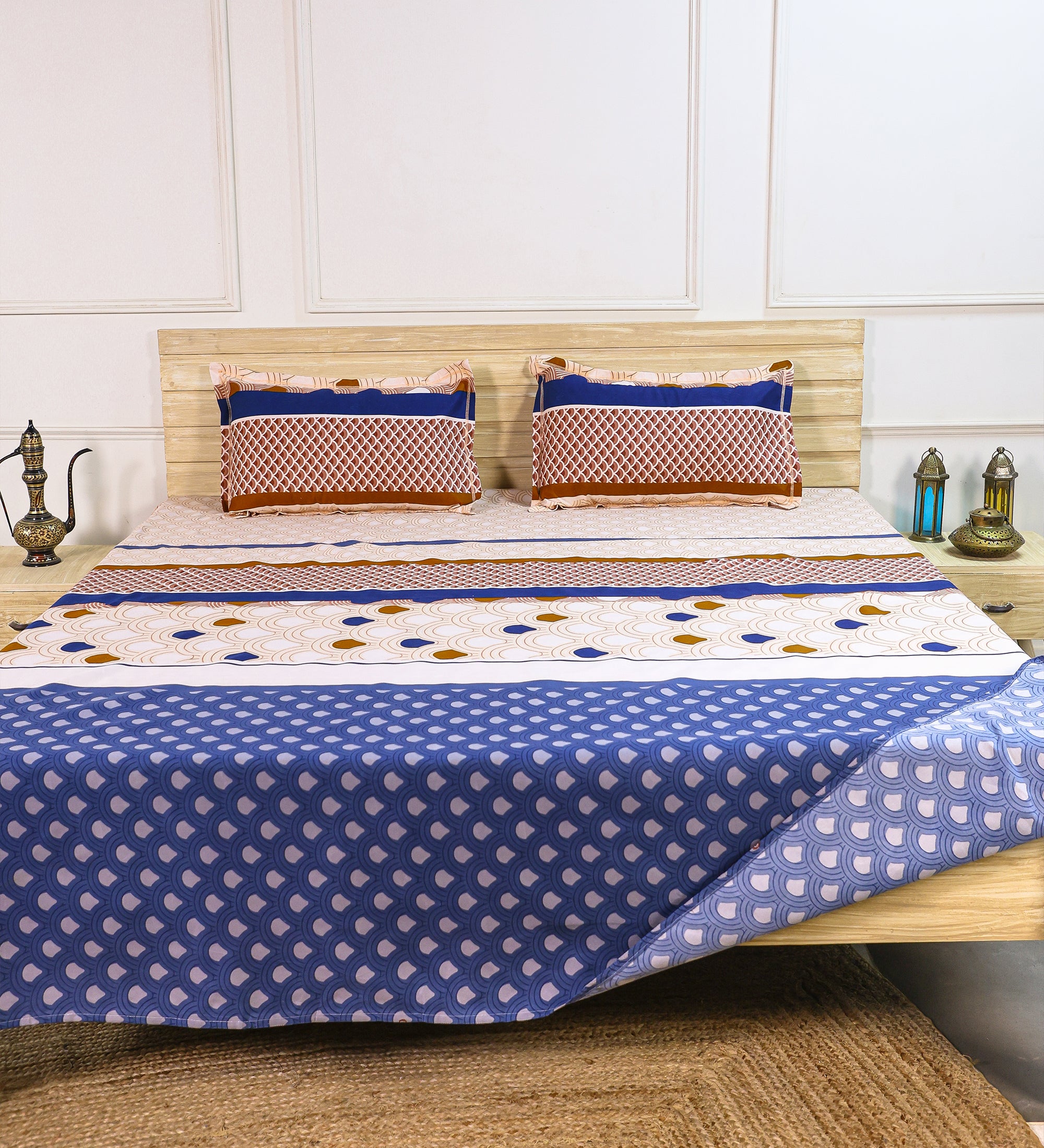 Premium Cotton Beige Blue Double Bedsheet