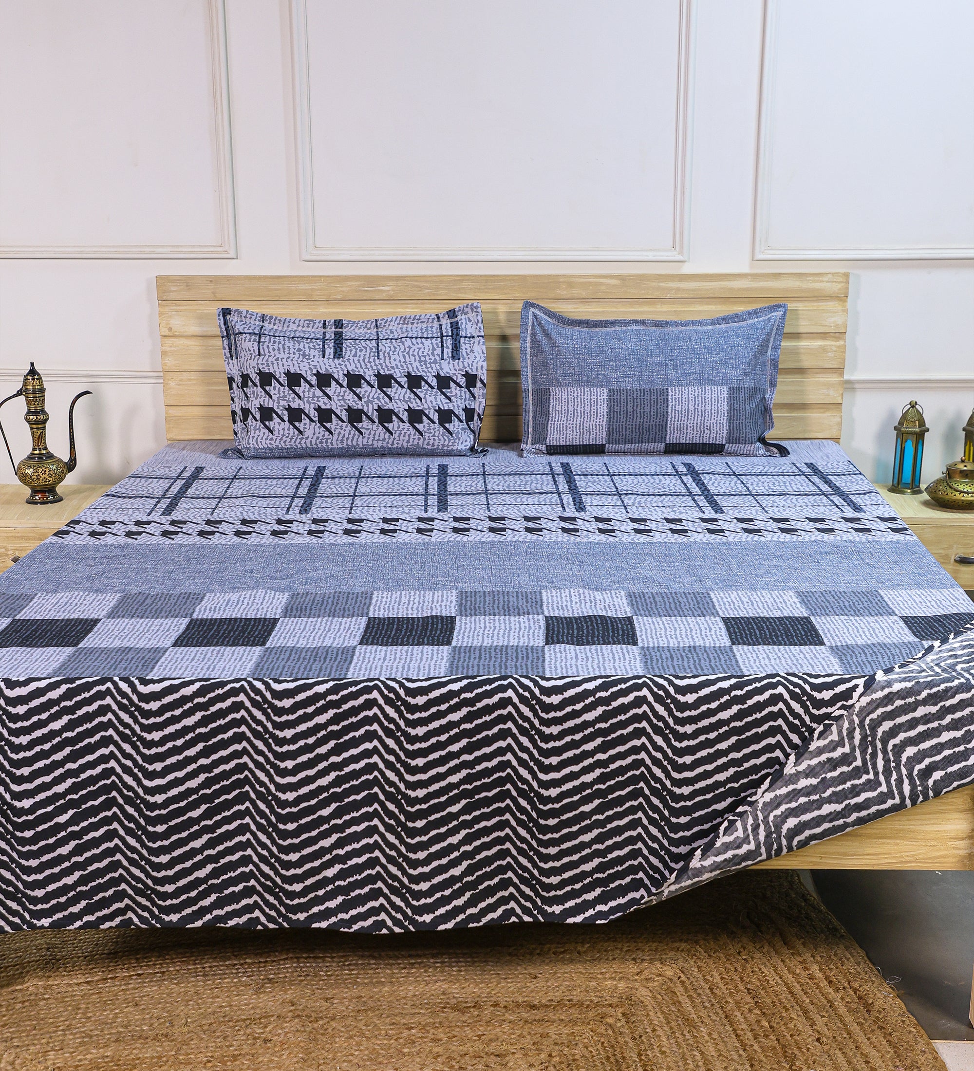 Premium Cotton Grey Grid Double Bedsheet