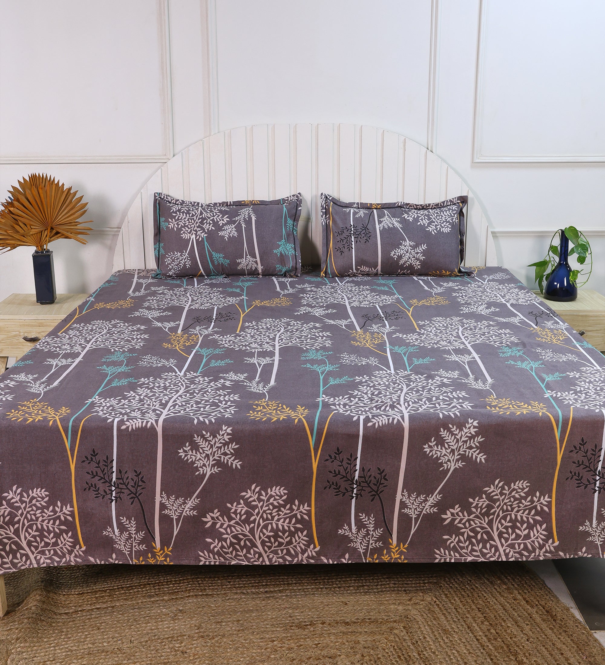Premium Cotton Dusty Grey Leaf Double Bedsheet