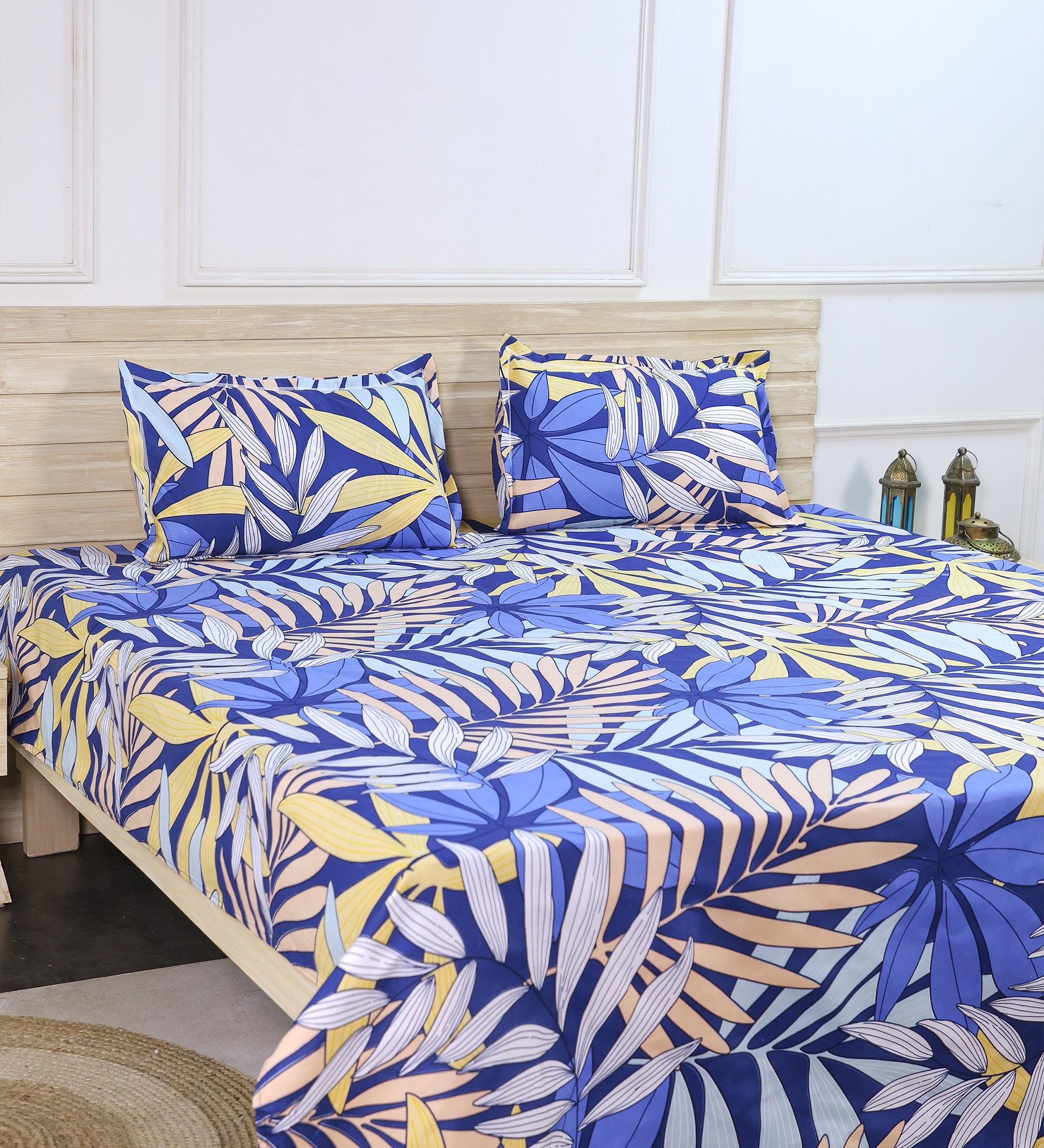 Premium Cotton Blue Leaf Double Bedsheet