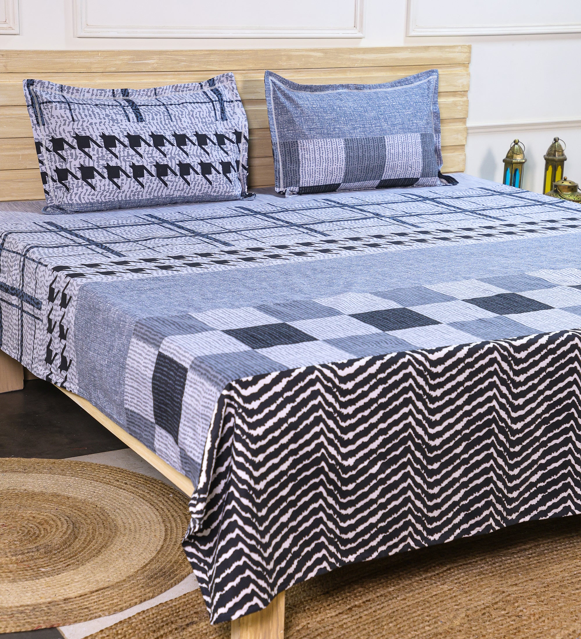 Premium Cotton Grey Grid Double Bedsheet