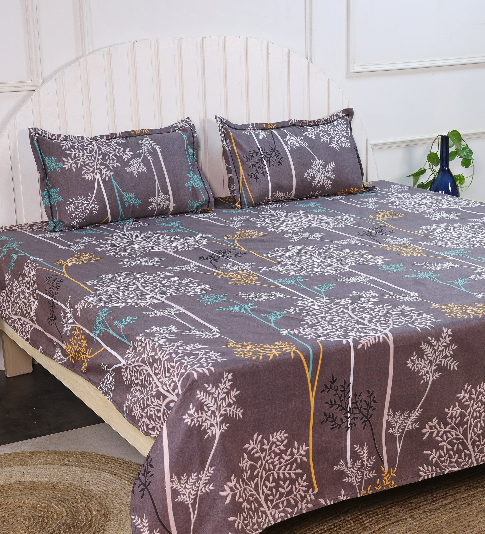 Premium Cotton Dusty Grey Leaf Double Bedsheet